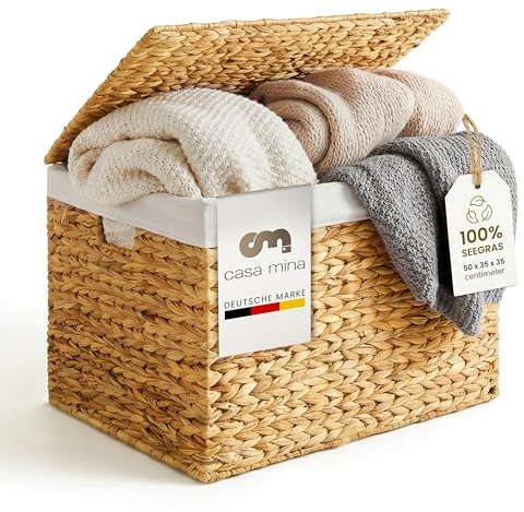 Casa Mina Truhe Aufbewahrung mit Deckel L50xW35xH35cm 100% natürlich aus Wasserhyazinthe I Dekorative Körbe Aufbewahrung für jeden Raum I Aufbewahrungskorb mit robustem Metallgestell