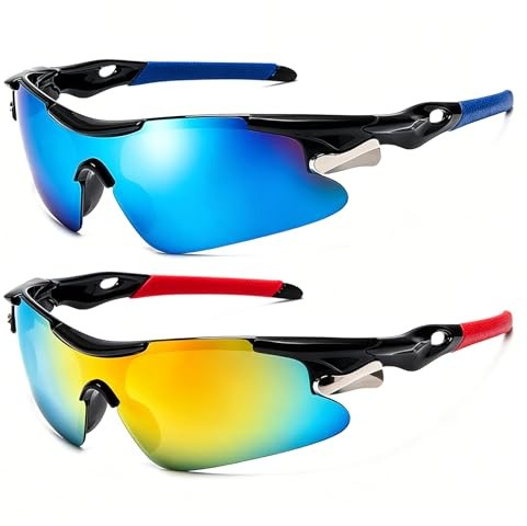RJQZN 2 Pcs PC Cycling Glasses, Yellow and Blue Sports Sunglasses for Men Women, UV400 Protection Outdoor Eyewear for Running, Baseball, Golf, Fishing