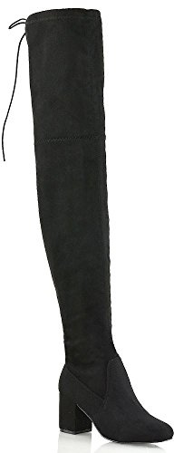 ESSEX GLAM Womens Thigh High Boots Ladies Black Faux Suede Over The Knee Lace Up Long Low Mid Heel Shoes 3-8
