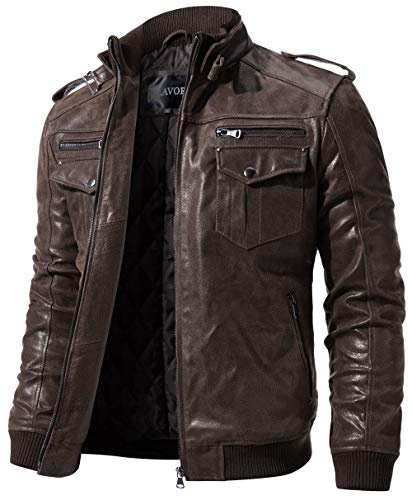 FLAVOR Veste de moto en cuir marron rétro pour homme Veste en cuir véritable (M, Marron foncé)