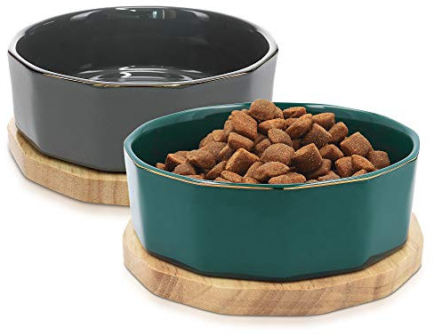 Navaris Fressnapf Futternapf Set aus Keramik - 2X Hundenapf Katzennapf Futterschale mit Unterlage aus Eichenholz - Fressnäpfe für Hunde und Katzen