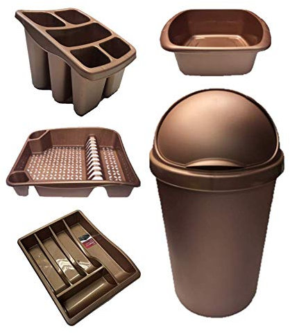 KetoPlastics ROSE GOLD 5 PIECE KITCHEN SET - 50L BULLET BIN, DISH DRAINER, WASHING UP BOWL, CUTLERY TRAY & CUTLERY DRAINER/HOLDER