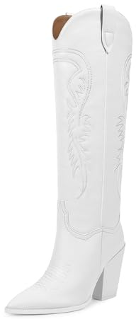 ISNOM Women's Knee High Boots Western | Classic Western Style, Stable Chunky Heel, Side Zipper, Pointed Toe, Non-slip Sole, Versastile Concert Party Rodeo Boots