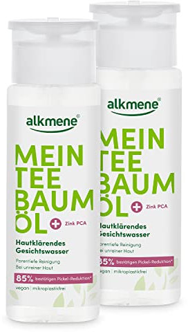 alkmene Mein Teebaumöl Gesichtswasser 2x 150 ml Pickel Reduktion 85% bestätigt - naturreines Teebaumöl, vegan & klimaneutral - Gesichtsreinigung für unreine Haut - Facial Toner Gesicht, Face Tonic