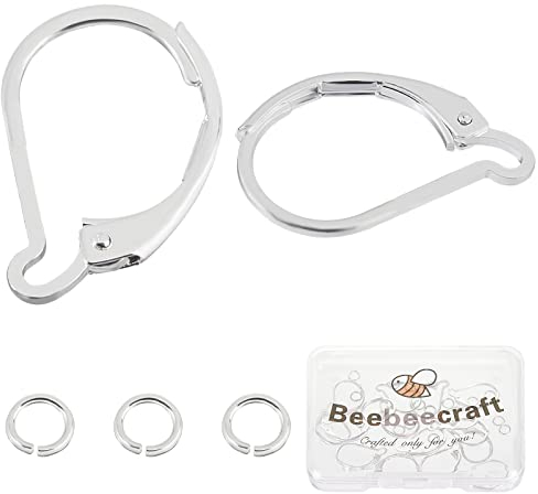 Beebeecraft 20 piezas de Cierre de Palanca para Pendientes 925 ganchos para Pendientes Chapados En Plata de Ley 15.5x10mm Clip de Alambre para Oreja Conector con 20 piezas Anillos Abiertos