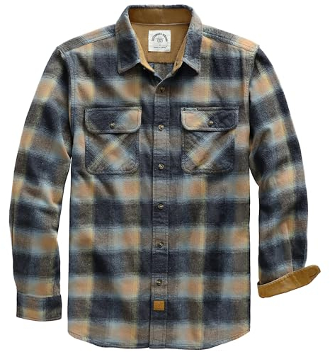 Dubinik® Men's Flannel Shirt - Long Sleeve Button Down Plaid All Cotton Soft Brushed Flannel for Utility Casual Wear, XL, Cream Brown Dark Grey