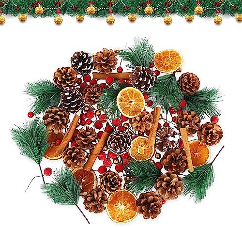 195 Pcs Christmas Wreath Making Supplies Pinecone Artificial Berries Cinnamon Sticks Artificial Pine Branches Oranges Slices Acorns Christmas Wreath Accessories DIY Craft Christmas Party Winter Decor