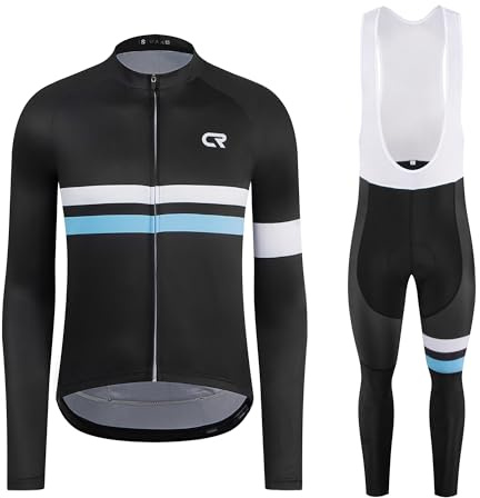 Coconut Ropamo CR Men's Cycling Clothing Sets Long Sleeve Cycling Jersey Zipper Pocket Bike Outfit Bib Pants 3D Padded (Black/Blue, XL)