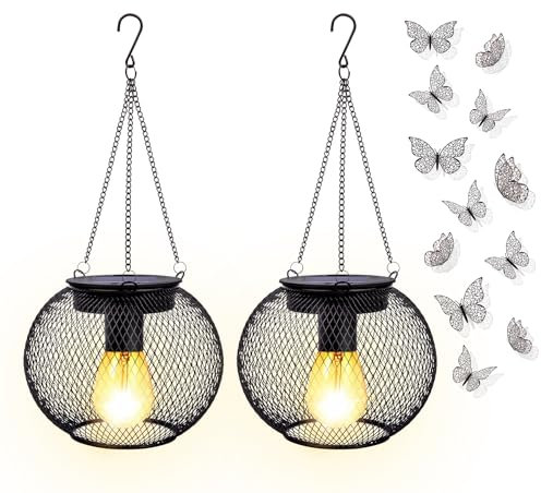 Wotplay 2 Pcs Solar Lights Outdoor Garden Lanterns, Black, LED, Water Resistant, Hanging, Decorative, 5 Watts, 6 Volts