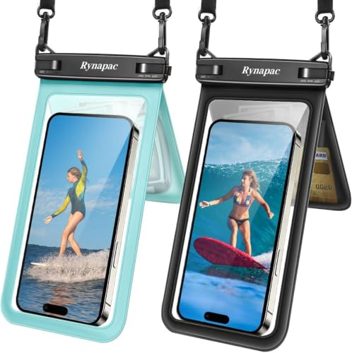 Rynapac Double Space IPX8 Waterproof Phone Pouch-2 Pack Dry Bag Up to 7.5 | Touchscreen, Beach Cruise Holiday Essentials, Underwater Photography for iPhone 17 16 15 Pro Max, Gglaxy S25, Include Lanyard
