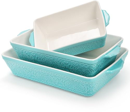 SOUJOY Set of 3 Porcelain Baking Dishes, Casserole Dishes for Oven, Rectangular Bakeware Set with Handles, Lasagna Pan for Cooking, Kitchen, Cake Dinner, Wedding Gift, Banquet and Daily Use