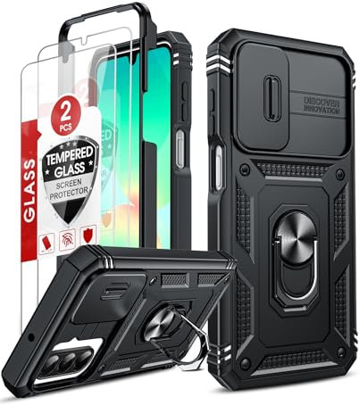 LeYi for Samsung Galaxy A26 5G Case with Camera Cover Slider, 360° Full Body Tough Armour Phone Cover Hard Heavy Duty Protective | 2 Tempered Glass Screen Protector | Ring Stand Holder for A 26, Black