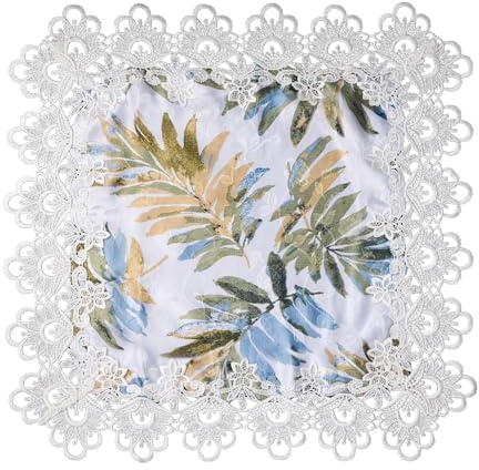 URROMA Nappe carrée de 60 x 60 cm, motif de petites plantes brodées, napperon avec bordure en dentelle pour table à manger, mariage, décoration de fête (1 pièce)