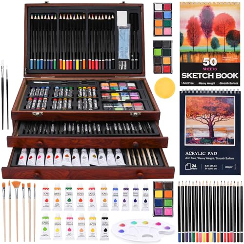 KIMIGO Set de Dessin Enfant,Kit Dessin,Kit de Dessin Complet,Kit Acrylique Peinture de Qualité Supérieure,Inclus Crayon de Couleurs,Pastels,Aquarelle,Livre de Coloriage,etc.Idéal pour Enfants Adultes