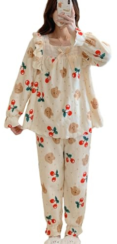 ZYKEJJDDAK Pigiama invernale da donna in flanella, con bordo in pizzo, scollo quadrato, maniche a sbuffo e pantaloni, stampa floreale, abbigliamento da notte carino e alla moda, A, XL