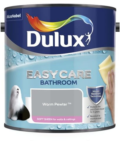 Warm Pewter Dulux Easycare Bathroom Soft Sheen Paint 2.5L – Moisture & Steam Resistant, Mould Protection, Washable Durable Finish for Bathroom Walls & Ceilings