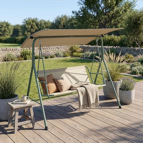 [en.casa] Dondolo da Giardino a 3 Posti con Tettuccio Parasole Regolabile e Schienale Panchina a Dondolo Altalena da Esterno Terrazza Struttura in Acciaio 173x119x153 cm - Verde Chiaro/Beige