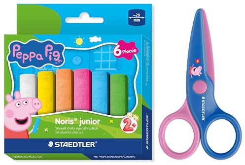 STAEDTLER Noris junior Peppa Wutz: set con 6 tizas para pintar en la calle y tijeras infantiles con puntas redondeadas para los primeros ejercicios de manualidades