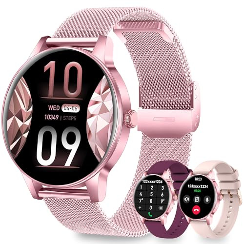 Fitdafit Montre Connectée Femme avec Appel Bluetooth, 1.27 HD Rond | Montre Sport pour iOS Android, Fréquence, Cardiaque, Sommeil, SpO2, 110+ Sportifs, IP68 étanche, 3 Bracelets, Rose
