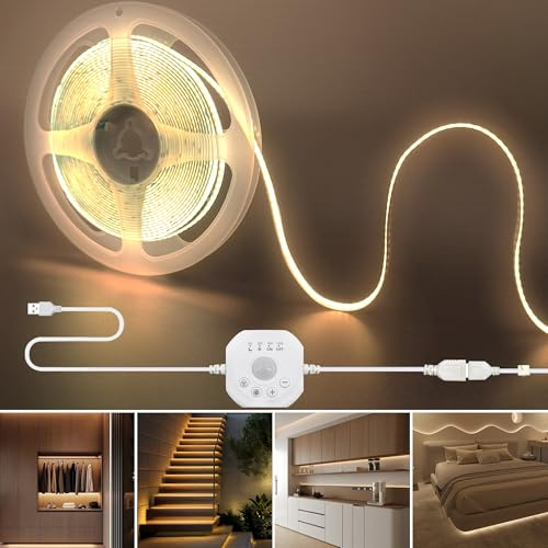 Clearhill LED COB USB-remsa 5V med rörelsesensor och fjärrkontroll, 5 m, varmt vitt 3000K, bredd 8 mm, justerbar, för garderob
