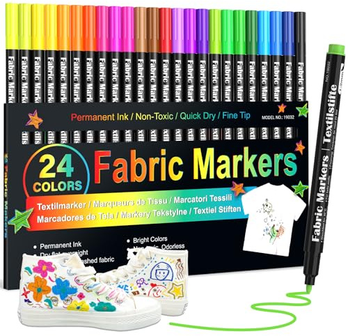 JR.WHITE Fabric Markers Permanent for T Shirts Baby Clothes Onesies Bibs White Pillow Canvas Tote Bags Clothing - No Bleed - Fine Tip - Child Safe & Non Toxic Fabric Paint Pens Set of 24 Colors