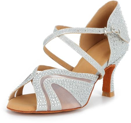 Syrads Zapatos de Baile Latino para Mujer Salsa Tango Bachata Vals con Pedrería Zapatos de Baile de Salón Suela Blanda 1050