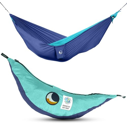 Ticket to the Moon Fair Trade & Artisanal 1-2 Personnes Léger Original-Hamac Bleu Roi/Turquoise pour Voyages, Camping, Jardin, XL 3.2 * 2m, 600g, Nylon en Soie De Parachute, Installation < 1min