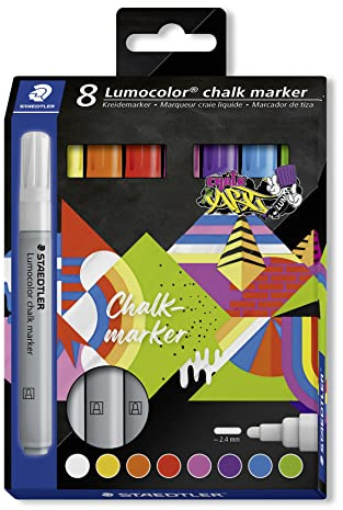 STAEDTLER Kreidemarker Lumocolor, deckend, feucht abwischbar, Rundspitze, Linienbreite ca. 2,4 mm, hohe Farbbrillanz, 8 chalk marker in sortierten Farben, 344 C8