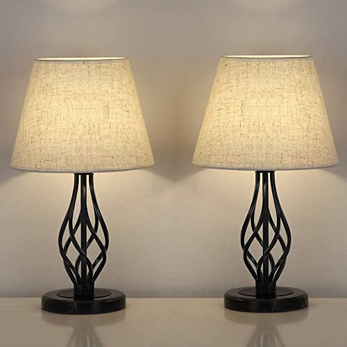 YBING Tischlampen mit Leinenbezug 2er Set, Nachttisch Nachttischlampe für Schlafzimmer, Lampenpaar aus schwarzem Marmor mit Lampenschirm aus Leinen, Schreibtisch Leselampe für Wohnzimmer, Kommoden