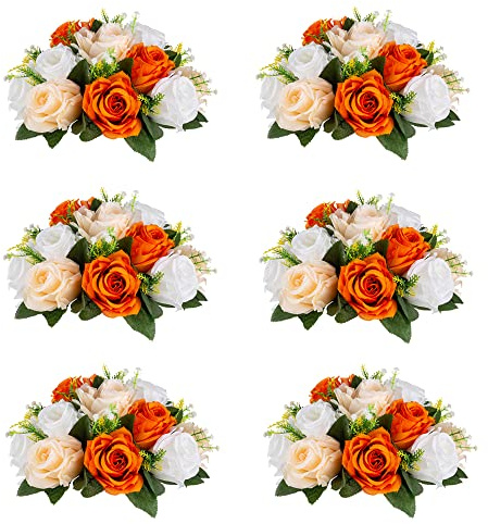 Inweder Flower Balls for Centerpieces - 6 Pcs Rose Artificial Flowers, Orange Kissing Floral Ball, Wedding Bouquets Arrangement for Party, Valentine's Day, Home Decor