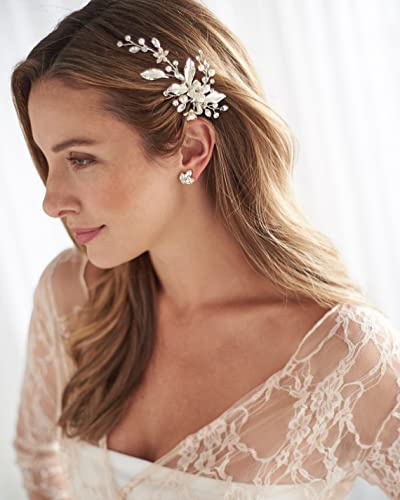 Braut Haarschmuck,Hochzeit Haarschmuck für die Braut,Eleganter Braut Haarspange/Haarclip/Haarnadeln/Haarkamm/Kopfschmuck mit Perlen Strass Kristall für Damen Mädchen,Blumen Brautschmuck Haare,Silber