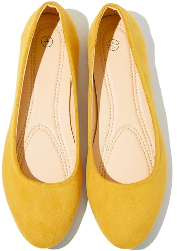 Shupua Flats for Women Round Toe Ballet Flats Work Shoes, Yellow, Size 9