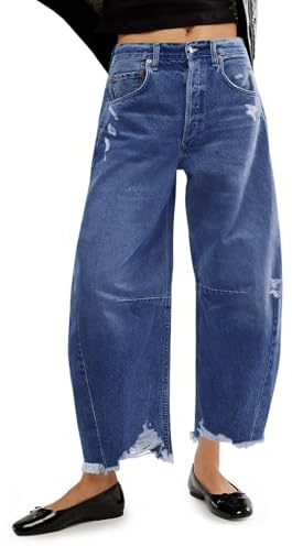 Cicy Bell Pantalones de Mezclilla Holgados para Mujer, Corte Boyfriend, Pierna Ancha, Dobladillo sin rematar, Azul, 10 US