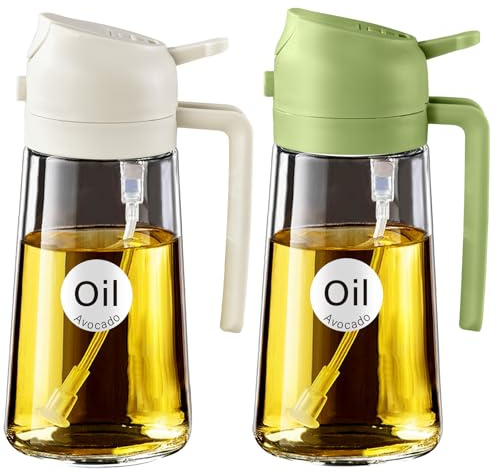 YARRAMATE 2Pcs 2-in-1 Olive Oil Sprayer Glass Bottle Dispenser, 16oz/470ml Capacity, Premium Nozzle for Cooking, Pour and Spray, Kitchen, Air Fryer, BBQ (White & Green)