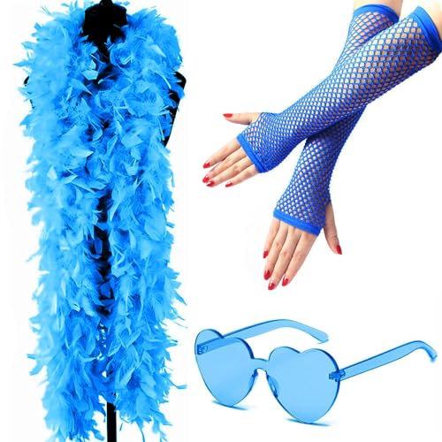 RUIJIE Federboa, 2M Feder Boas mit Herzförmigen Randlosen Sonnenbrillen und Rasterhandschuh, Turkey Feather Boas für Tanzende Hochzeitspartys Cosplay, Kostümparty für Mädchen