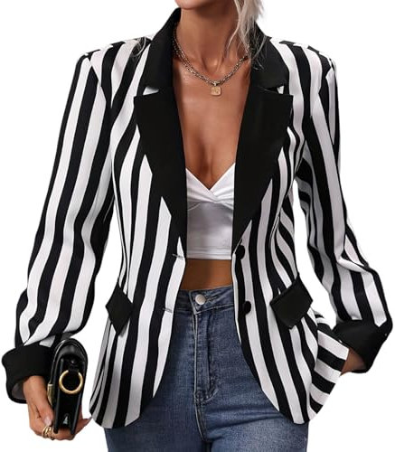 FYMNSI Damen Schwarz Wei� Gestreift Blazer Halloween Kost�m Fasching Party Cosplay Knopf Open Front Jacke Anzug Frauen Elegant Reverskragen Langarm Casual Business B�ro Arbeit Longblazer Schwarz L