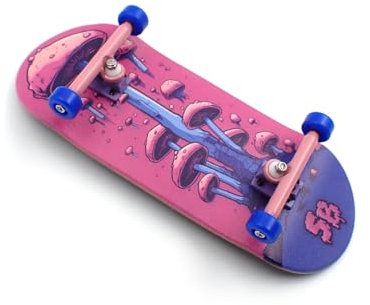 SPITBOARDS 34 x 96 mm Wood Fingerboard Complete Set-Up, Pre Assembled, 5-Layers Wood, Pro Trucks with Lock Nuts, CNC Bearing Wheels, Real Wear Graphics, Lasered Foam Grip Tape, Alien Mushrooms