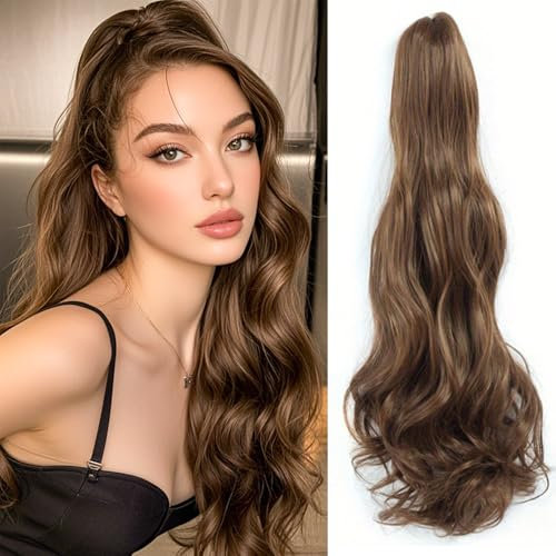 FDEETY Extension Capelli Ondulati Lunghi 60cm Posticcio Naturale Clip Parrucca Sintetica Ricci Castani Volume Aggiuntivo Donna