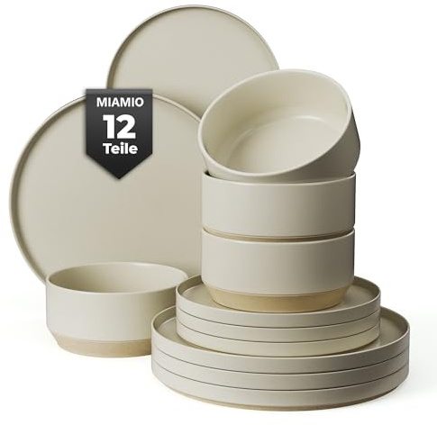 MIAMIO – Ensemble de Vaisselle pour 4 Personnes/Ensemble de 12 Pièces en Grès Beige/Convient au Lave-Vaisselle et au Micro-Ondes - Collection Sierra (Clair, Service de vaisselle (12x))