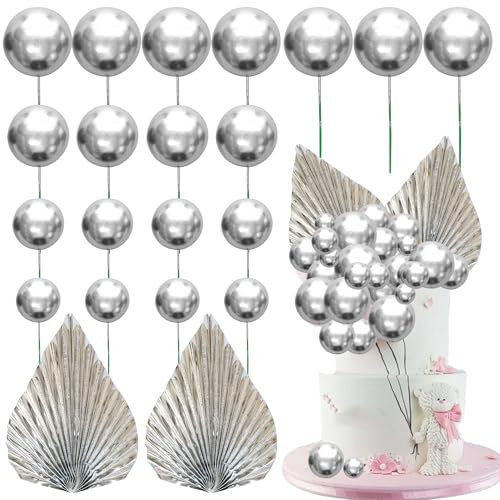 Ephlyn 28Pcs Paper Palm Fan Cake Topper Balls Cake Pick for Baby Shower Wedding Bridal Shower Birthday Party DIY Party Cake Decorations Supplies Silver