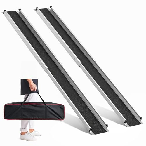 6FT Extra-Long Telescopic Wheelchair Ramp 600LBS Weight Capacity Aluminum Mobility Ramp with Carrying Case, Slip-Resistant Surface for Stairs/Power Chairs, Durable Portable Access Solution, 2 Pack