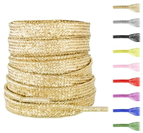 NDTEZUGT 8mm Lacets Plats Pailletés, Lacets Dores pour Baskets Remplacement Brillant de Chaussures(Doré,39/100cm)