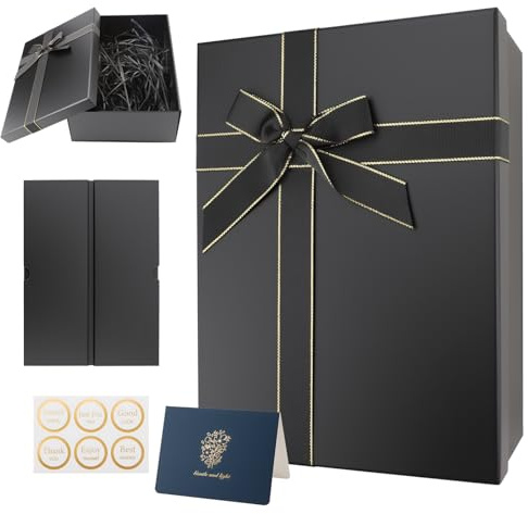Mbsomnus Geschenkbox mit Deckel 29 x 22 x 10,5 cm Geschenkebox Geschenkkarton Schwarze Geschenkbox Geburtstag Geschenkkiste mit Schleife Grußkarte Bast für Geburtstage Hochzeiten Valentinstag