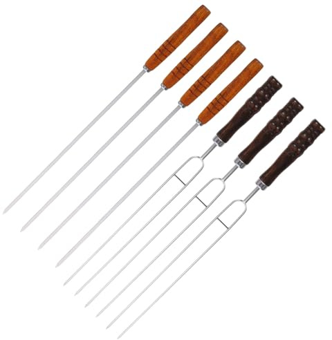 HOODANCOS Set 7 Spiedini per Barbecue in Acciaio Resistente Manico in Legno Spiedini di Metallo Riutilizzabili Antiscivolo per Carne e Verdure Accessori per Grigliate All’Aperto e Picnic