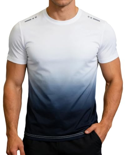 Camiseta Deportiva Hombre de Secado Rápido Degradado Transpirable Cuello Redondo Manga Corta para Gimnasio Correr Fitness Ciclismo