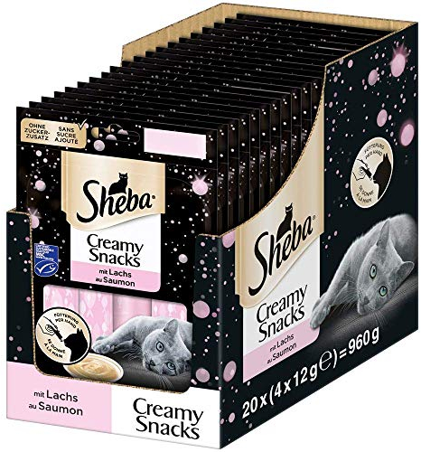 Sheba Creamy Snacks – Cremiges Katzen-Leckerli mit Lachs – Praktische Sticks zum aus der Hand Schlecken – 80 x 12g Katzenleckerchen