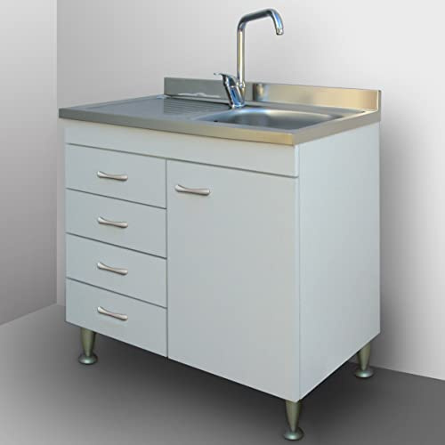 Yellowshop | Mobile sottolavello cm 80 con cassettiera Colore Bianco Completo di lavello Inox Serie Basic (Versione SX)