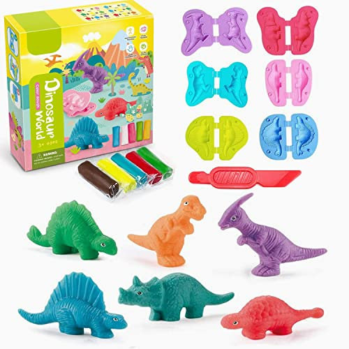 Yeahbo Knete Zubehör Knetwerkzeug Set ab 2 3 4 Jahre, Intelligente Knete Set mit 6 Dinosaurier Modelliermasse Lufttrocknend, Polymer Clay Dino Spielzeug Kreative Geschenk für Kinder Jungen Mädchen