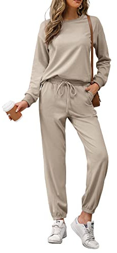 REORIA Womens Long Sleeve Crewneck Solid Color Two Piece Outfit Hoodie Jogger Tracksuit Set Sweatshirt & Sweatpants Khaki L