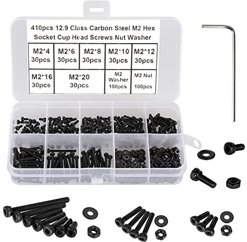 FandWay 410 Piezas Tornillos de Cilíndrica Hexagonal M2x4/6/8/10/12/16/20mm con Cabeza Allen - Rosca Completa de Acero al Carbono 12.9 Negro con Tuercas, Arandelas y 1 Llave